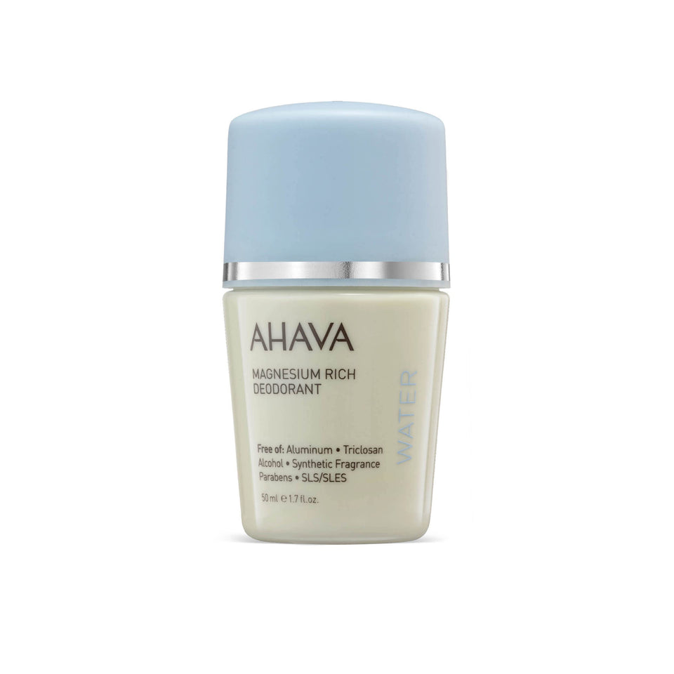 AHAVA Dead Sea Magnesium Rich Deodorant packaging showing aluminum-free design for sensitive skin