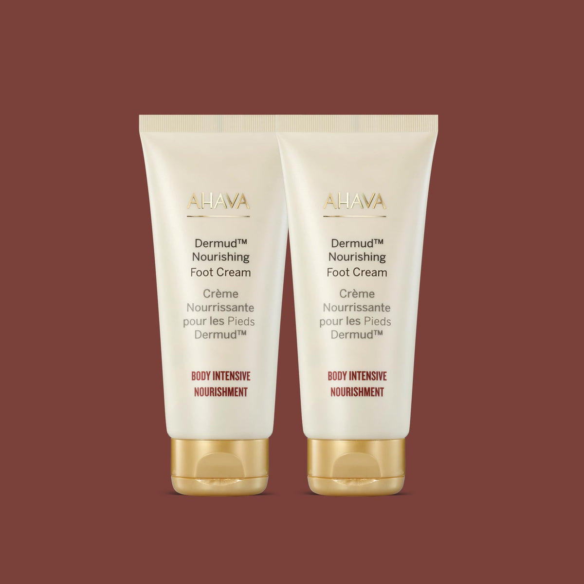 AHAVA Dermud Intensive Foot Cream texture close-up highlights creamy hydration for dry feet.