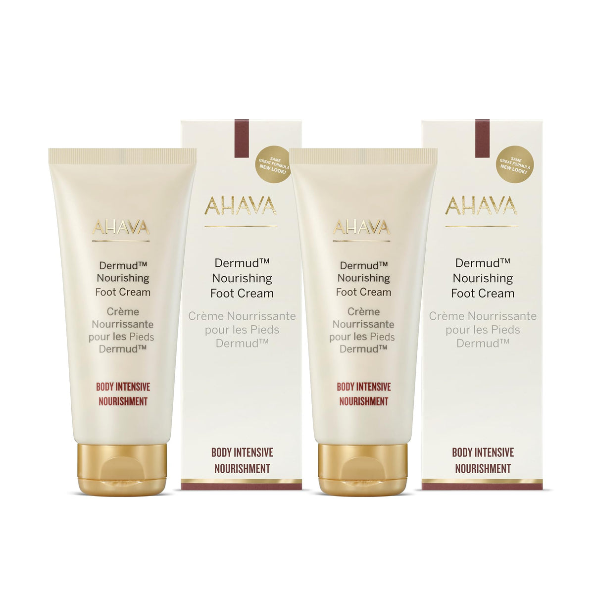 AHAVA Dermud Intensive Foot Cream Duo top view emphasizes the value of the pair.