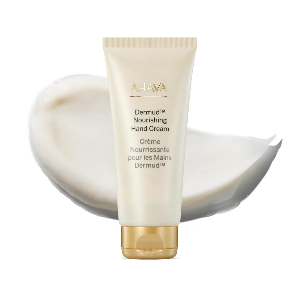AHAVA Dermud Nourishing Hand Cream bottle front view, providing lasting hydration for dry hands