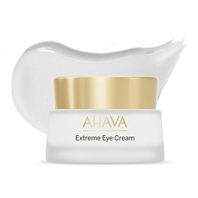 AHAVA Extreme Firming Eye Cream jar close-up showing luxurious texture for instant comfort around the eye area.