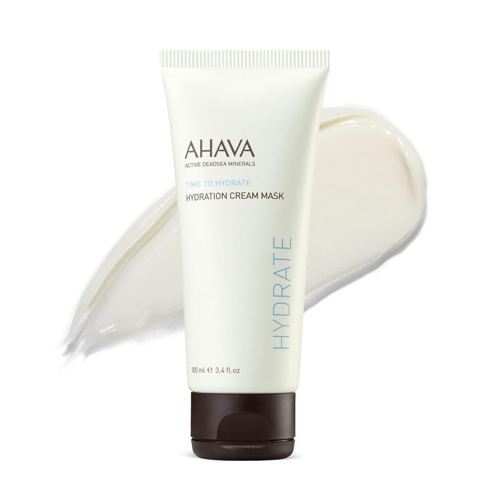 AHAVA Hydration Cream Mask jar close-up shows mineral-rich formula for deep hydration