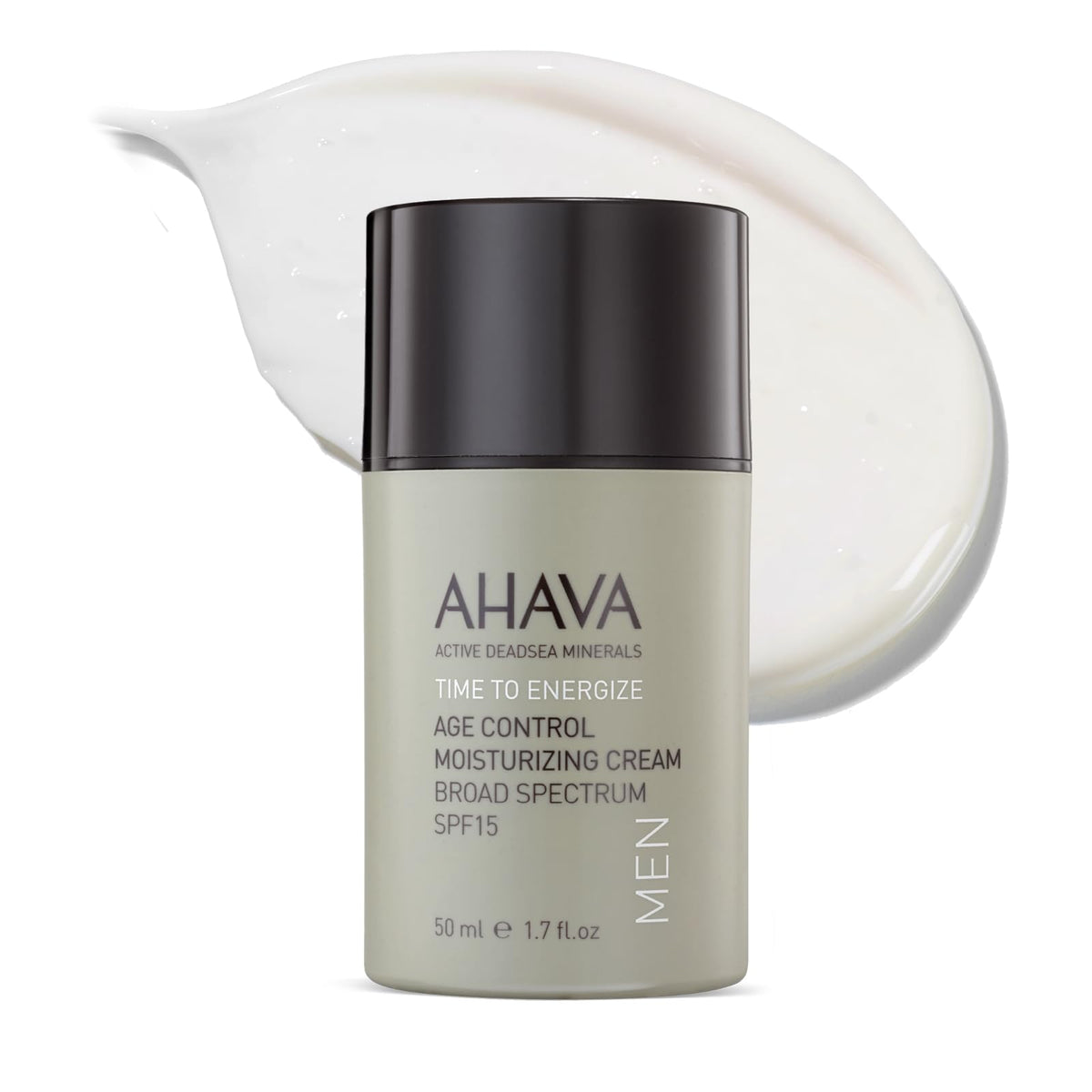 AHAVA Men's Age Control Moisturizer SPF15 bottle front showing daily protection and hydration.