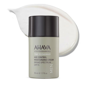 AHAVA Men's Age Control Moisturizer SPF15 bottle front showing daily protection and hydration.