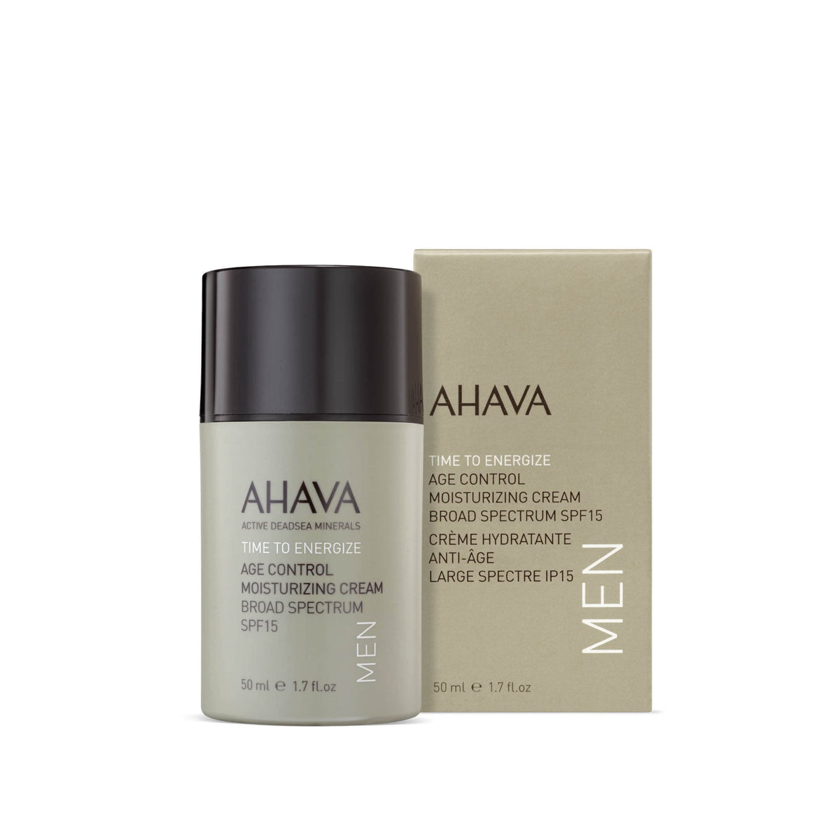 AHAVA Men's Age Control Moisturizer SPF15 pump-dispenser close-up for fast-absorbing hydration.