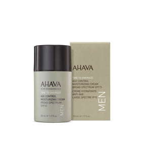 AHAVA Men's Age Control Moisturizer SPF15 pump-dispenser close-up for fast-absorbing hydration.