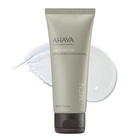 AHAVA Men's Exfoliating Cleansing Gel bottle pour for pore cleansing and energizing skin.