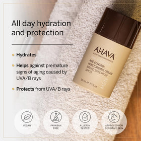 AHAVA SPF15 broad-spectrum label close-up highlighting UVA/UVB protection.