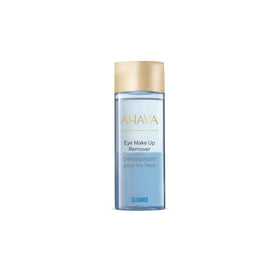 AHAVA Time To Clear eye makeup remover bottle shows gentle cleansing with no residue.