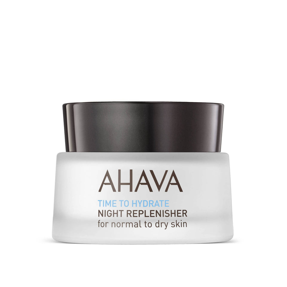 AHAVA Time To Hydrate Night Replenisher jar on the shelf delivering overnight hydration.