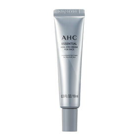 AHC essential eye cream bottle showcases premium facial hydration for the full face.