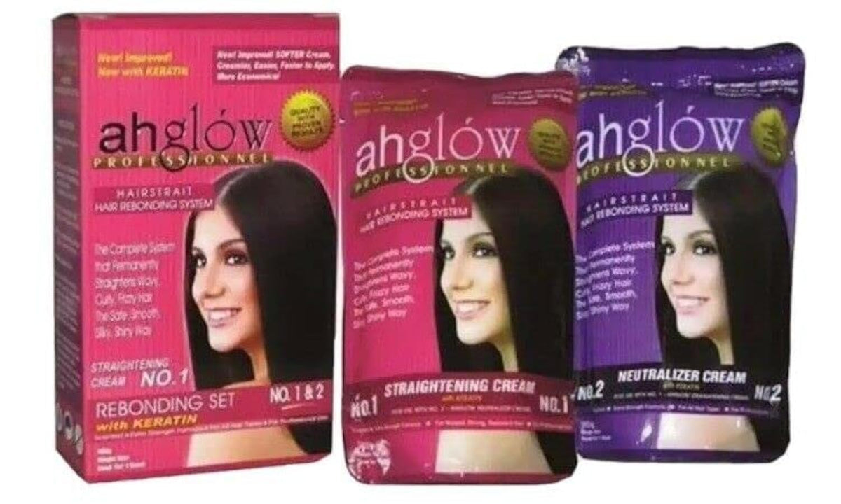 AHGLOW keratin straightening system pack showing complete kit for at-home use