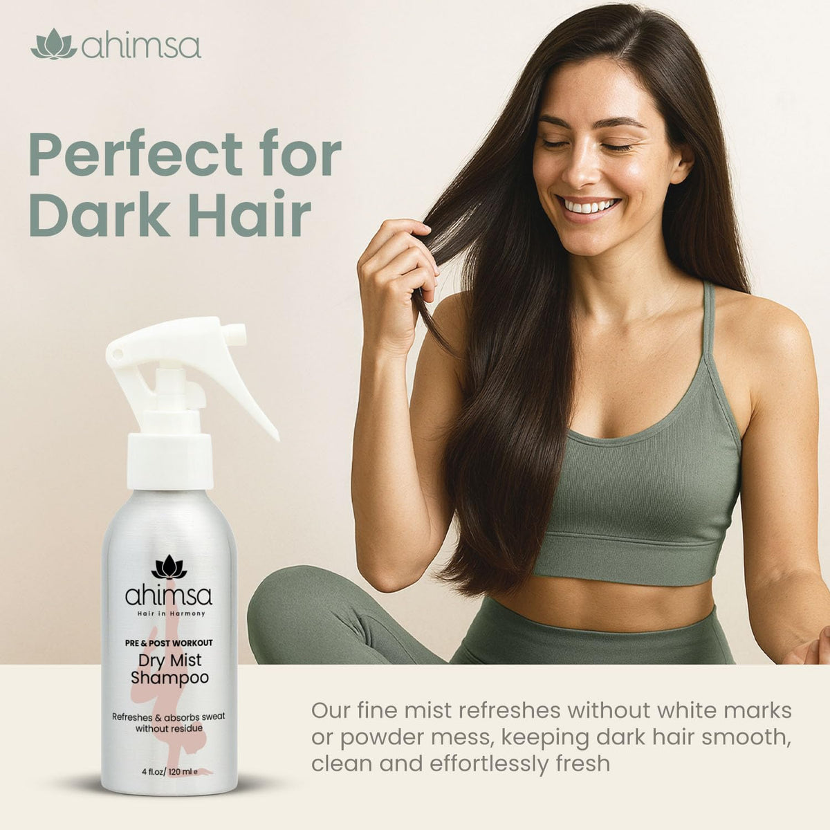 Model hair after workout showing odor control and breathability with Ahimsa.