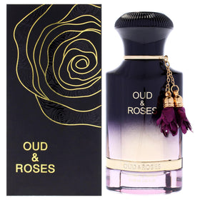 Ahmed Al Maghribi Oud and Roses bottle front, unisex luxury fragrance.