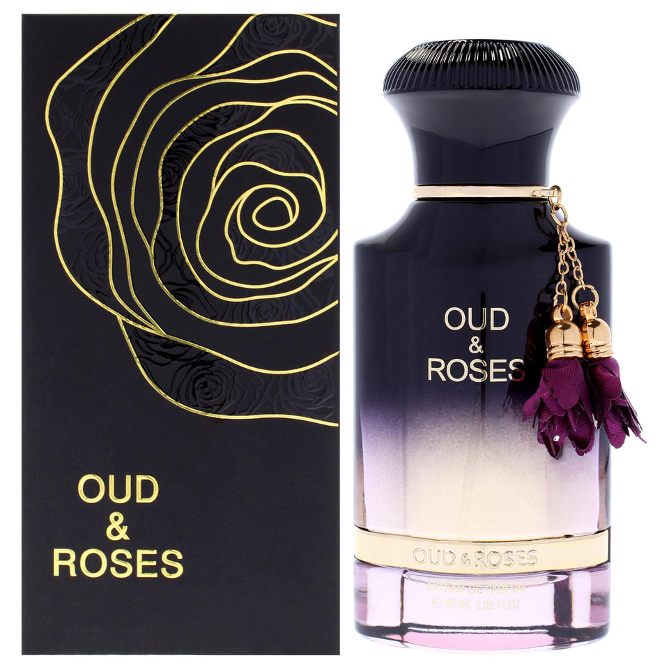 Ahmed Al Maghribi Oud and Roses bottle front, unisex luxury fragrance.