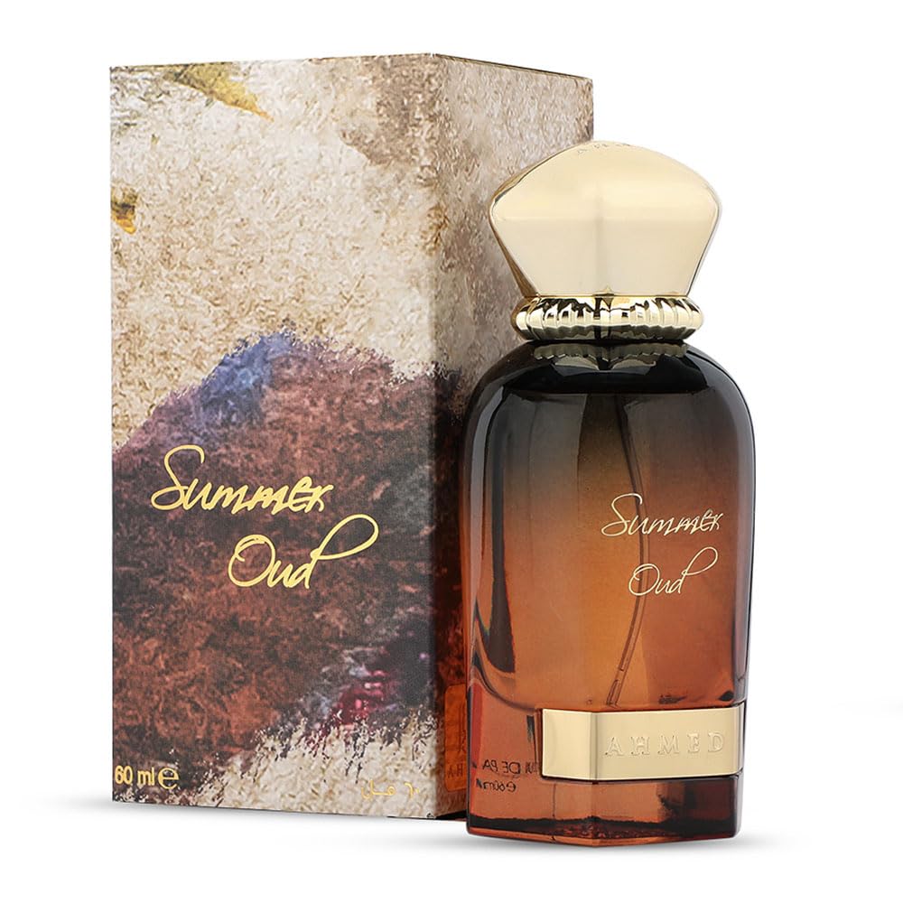 AHMED Summer Oud Almaghribi bottle front view highlights bold exotic notes for warm days