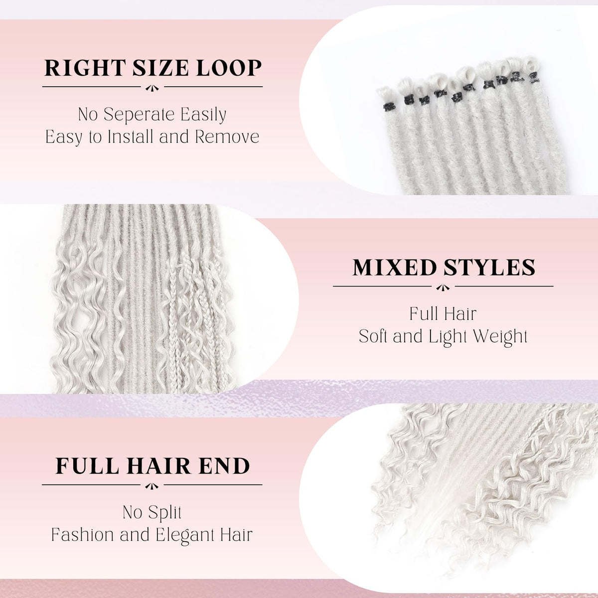 Ahrencan silver grey dreadlock extensions boho mixed 24in festival-ready