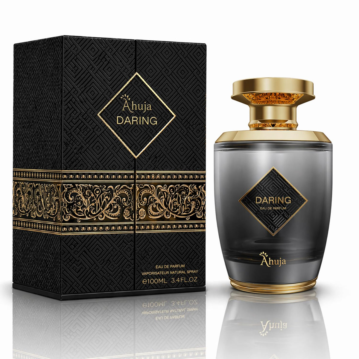 AHUJA Daring bottle front view, bold daily fragrance for men.