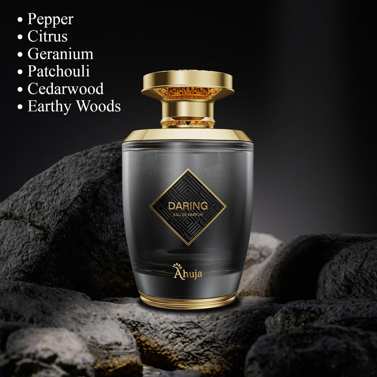AHUJA Daring bottle in soft light, evokes bold confidence.