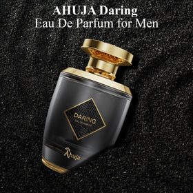 AHUJA Daring label close-up, cedar and patchouli essence suggested.