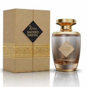 AHUJA Sacred Santal bottle close-up shows earthy sandalwood ideal for everyday wear.