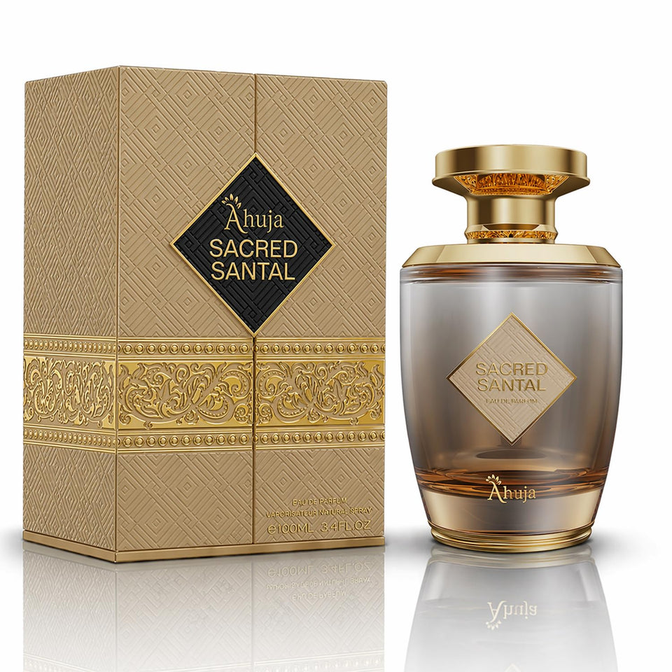 AHUJA Sacred Santal bottle close-up shows earthy sandalwood ideal for everyday wear.
