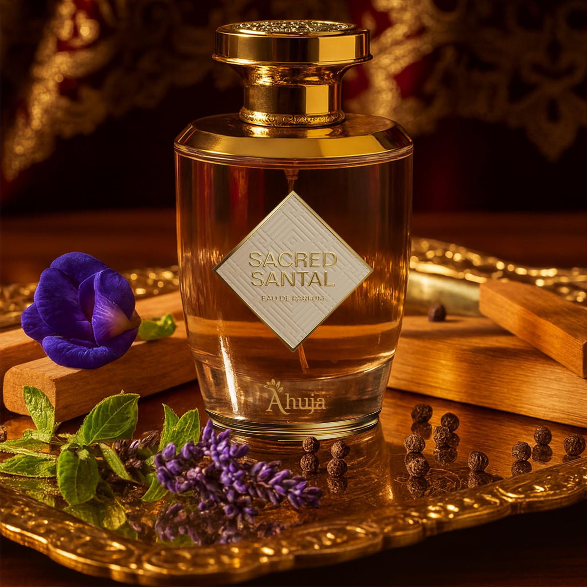 AHUJA Sacred Santal leather heart note adds sophistication for evening events.