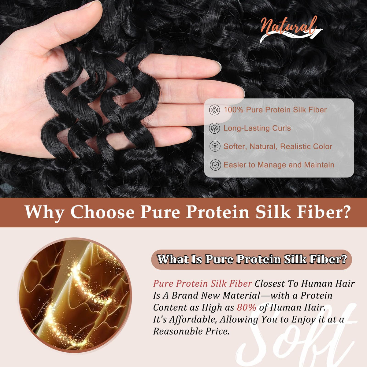 AIBEO GoGo Curl packaging and hair strands highlight premium protein silk fiber