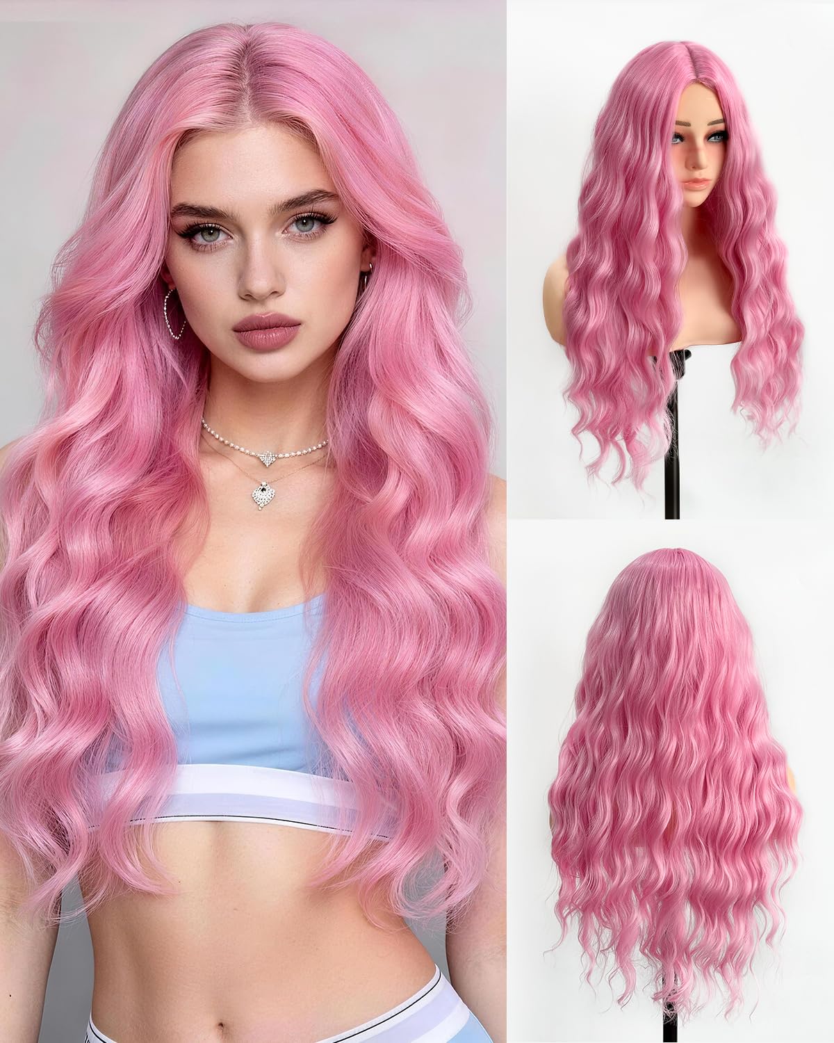 Aida ble 28-inch long-wavy pink wig with lace hairline for natural-looking daily wear