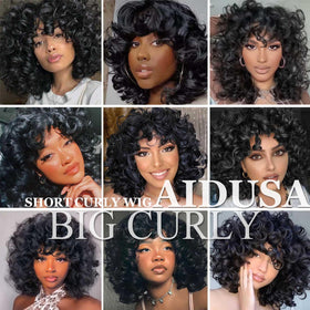 AIDUSA 14-inch dark bob wig with soft curls for versatile looks.