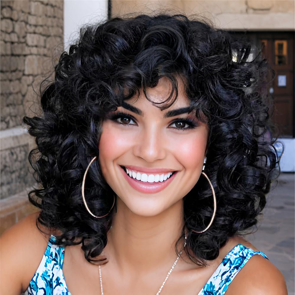 AIDUSA curly wig with bangs, 14-inch natural black, for everyday versatile wear.