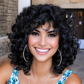 AIDUSA curly wig with bangs, 14-inch natural black, for everyday versatile wear.