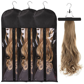 AIHOPESTO 3PCS extension storage bag with wooden hanger keeps long hair tidy.