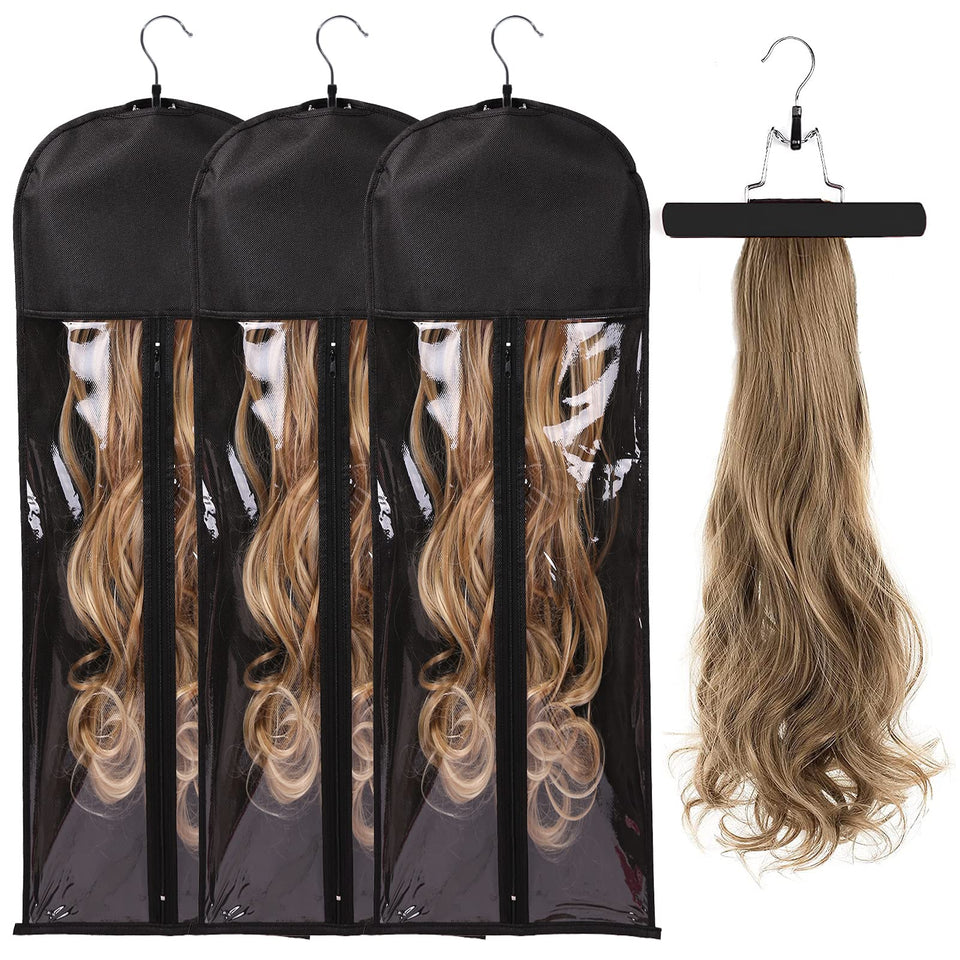 AIHOPESTO 3PCS extension storage bag with wooden hanger keeps long hair tidy.