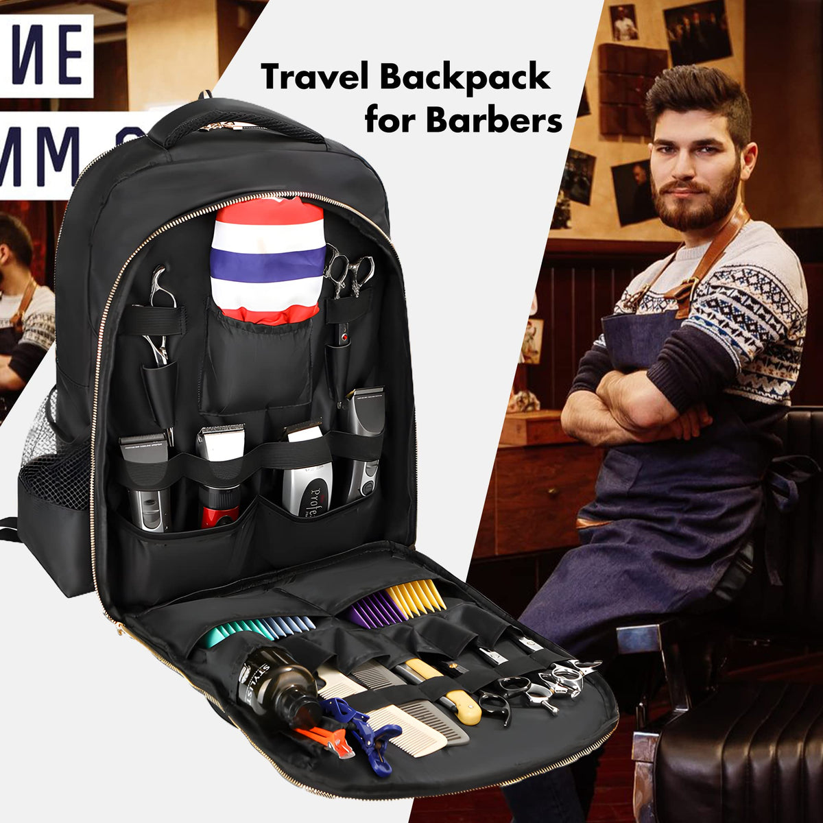 AIHOPESTO barber bag packs clippers, scissors, sprays, and capes in one travel case.