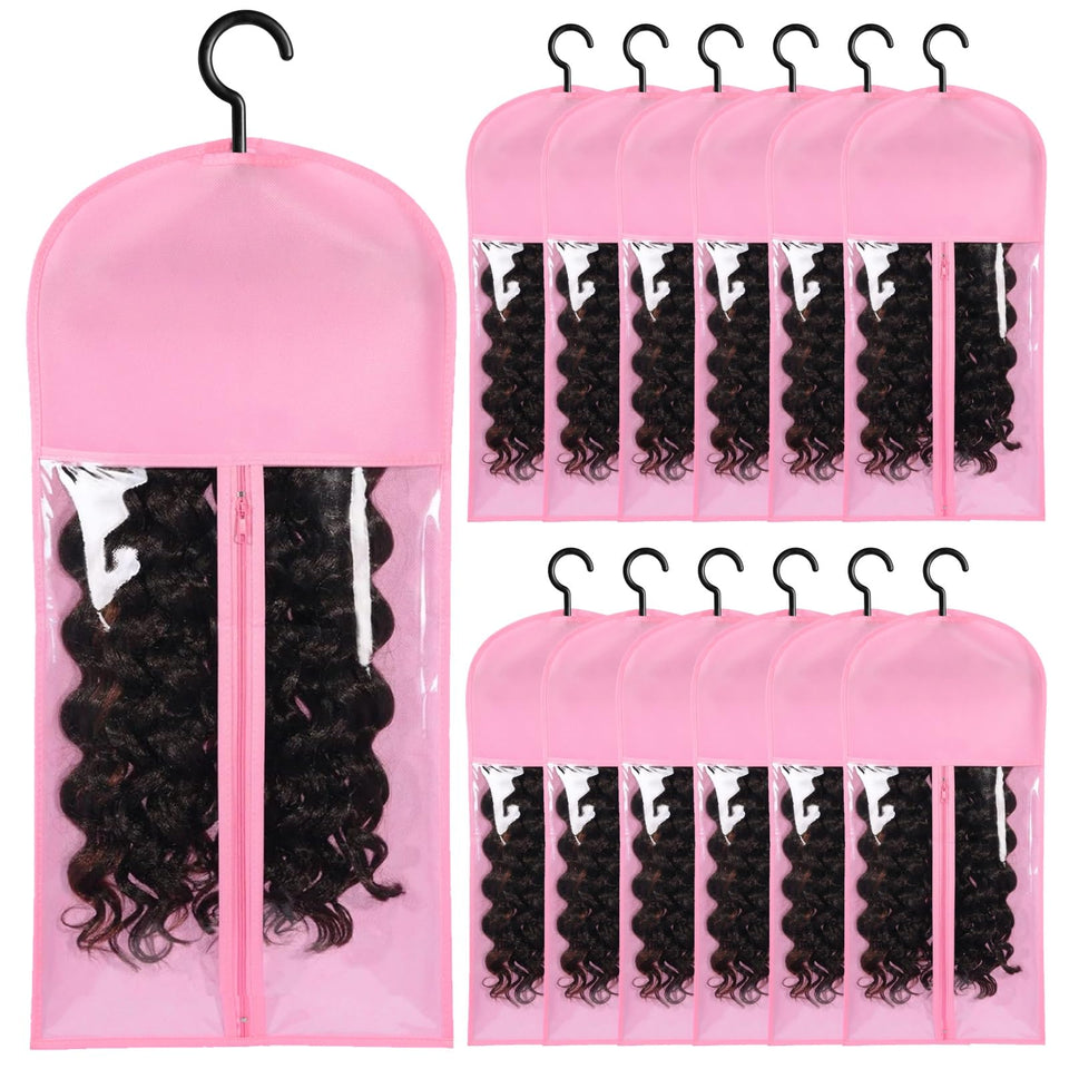 AIHOPESTO wig storage bag with pink hanger keeps wigs dust-free and organized.