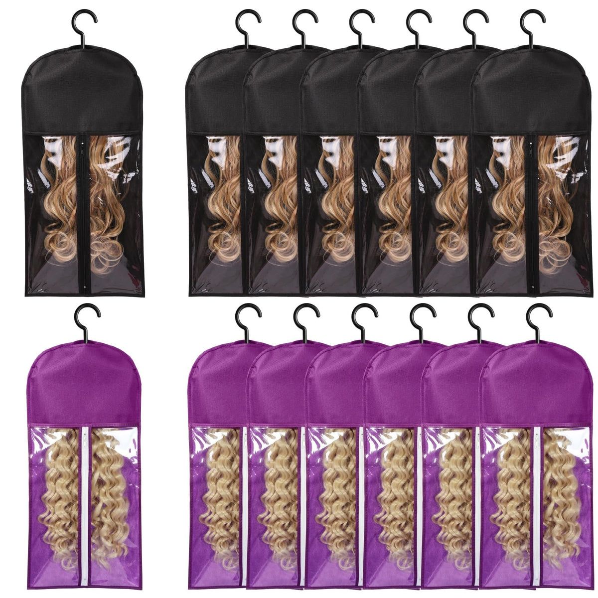 AIHOPESTO wig bags with hanger, front view in black, keeps wigs dust-free and easy to locate.