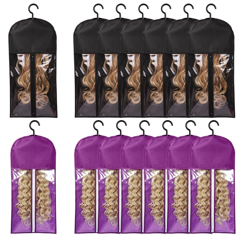 AIHOPESTO wig bags with hanger, front view in black, keeps wigs dust-free and easy to locate.