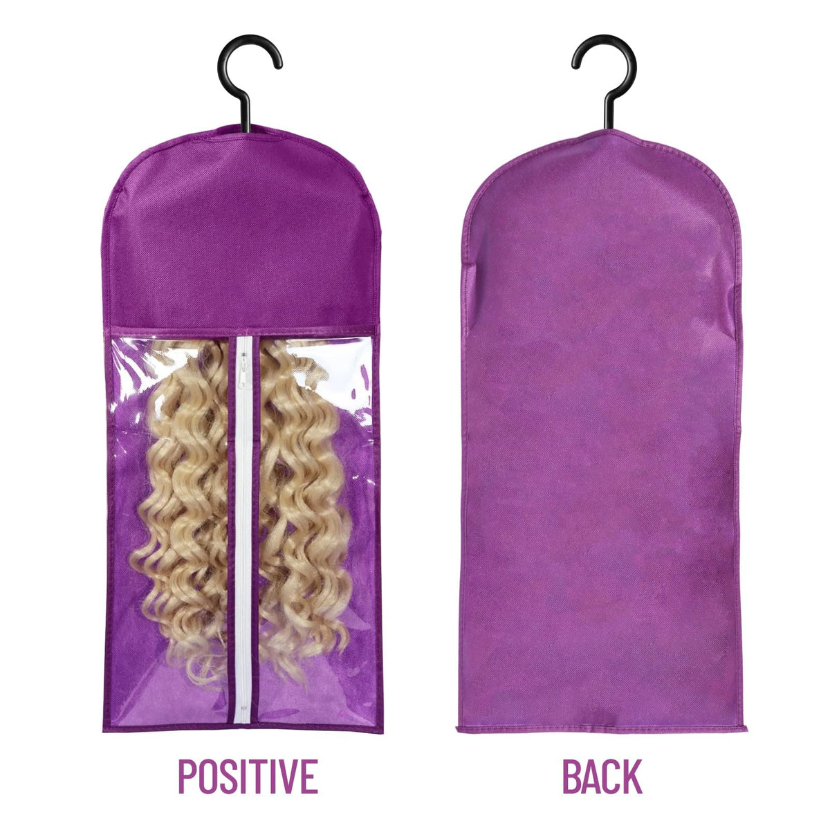 AIHOPESTO wig bags with hanger, open view in black, reveals clear labeling for quick selection.