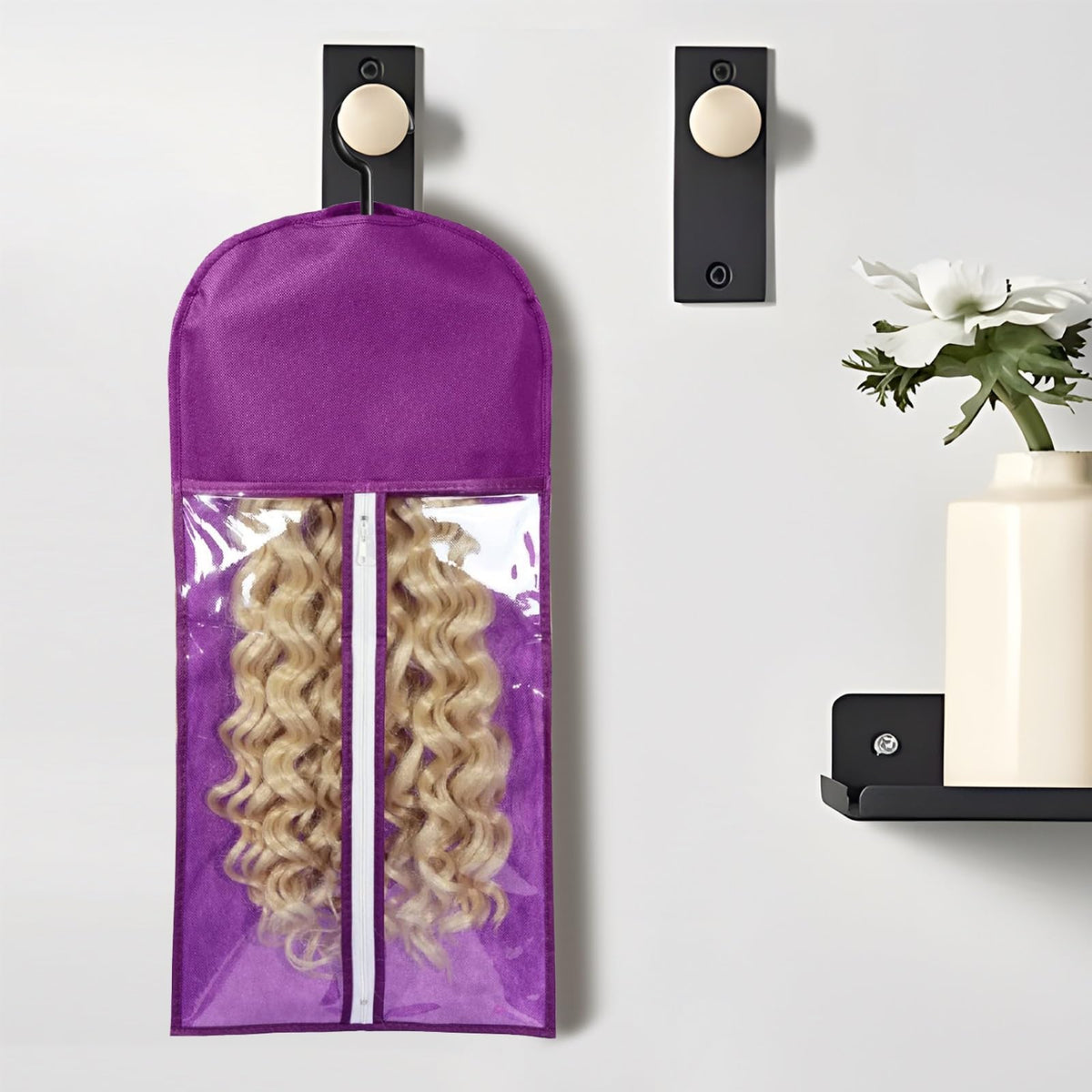 AIHOPESTO wig bags with hanger open view in purple, clearly separates wigs for quick selection.
