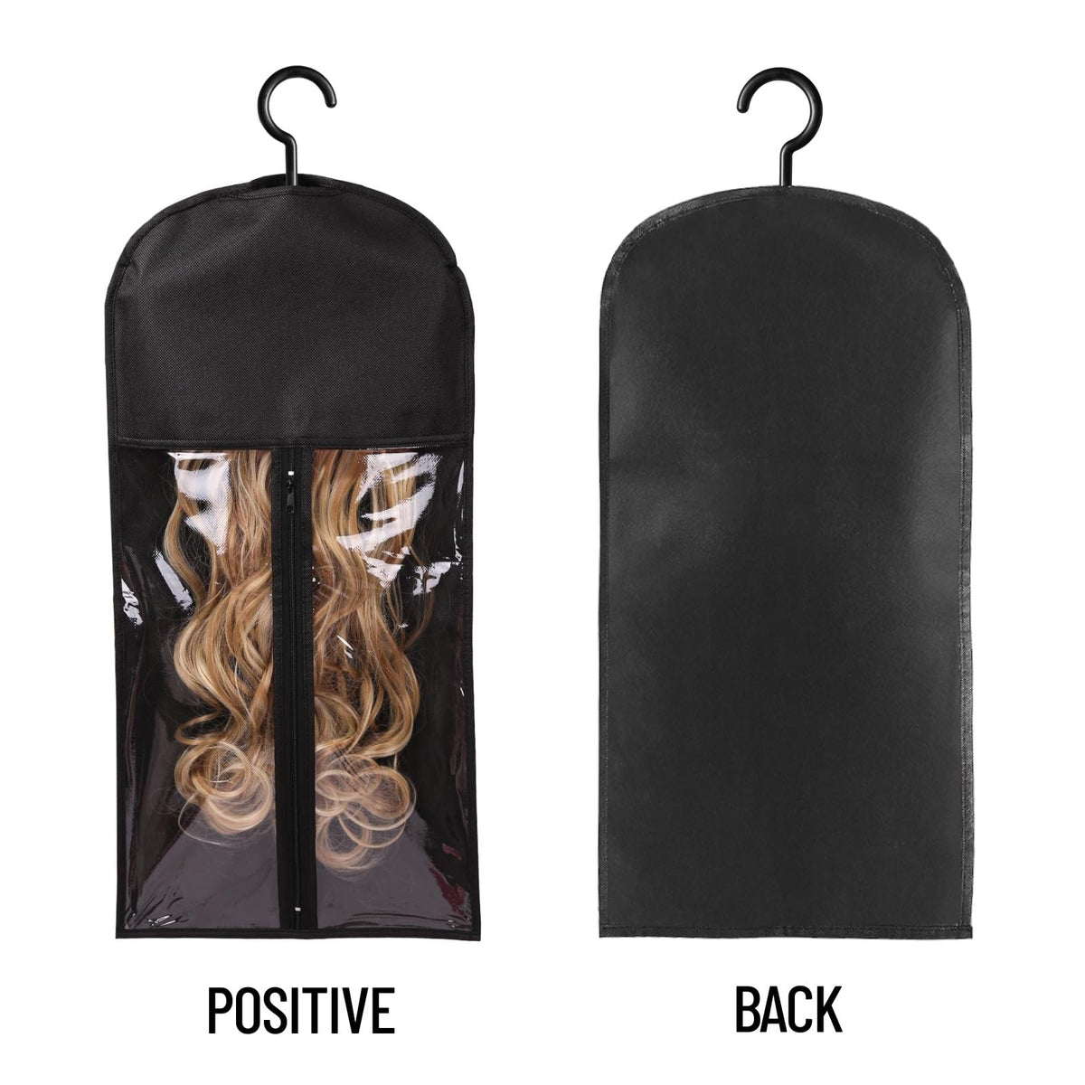 AIHOPESTO wig bags with hanger, side view in black, protects hair from moisture while stored.