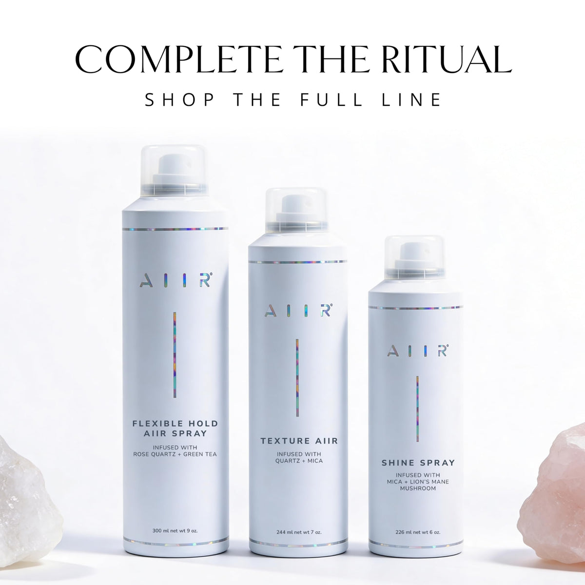 AIIR Shine Spray infused with Crystal Quartz for calm styling vibes.