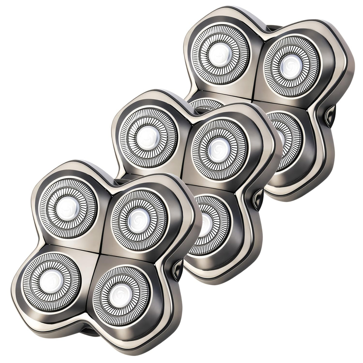 AIJALY 3-pack Shaver Pro 4 replacement heads close-up with durable blades for long-lasting sharpness.