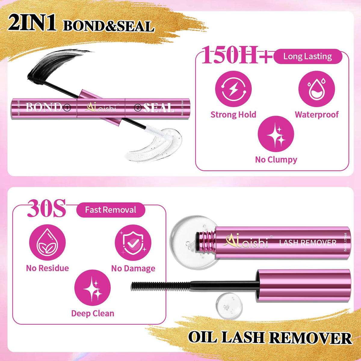 AILAISHI Lash Clusters bottle front shows compact two-pack packaging for home use.