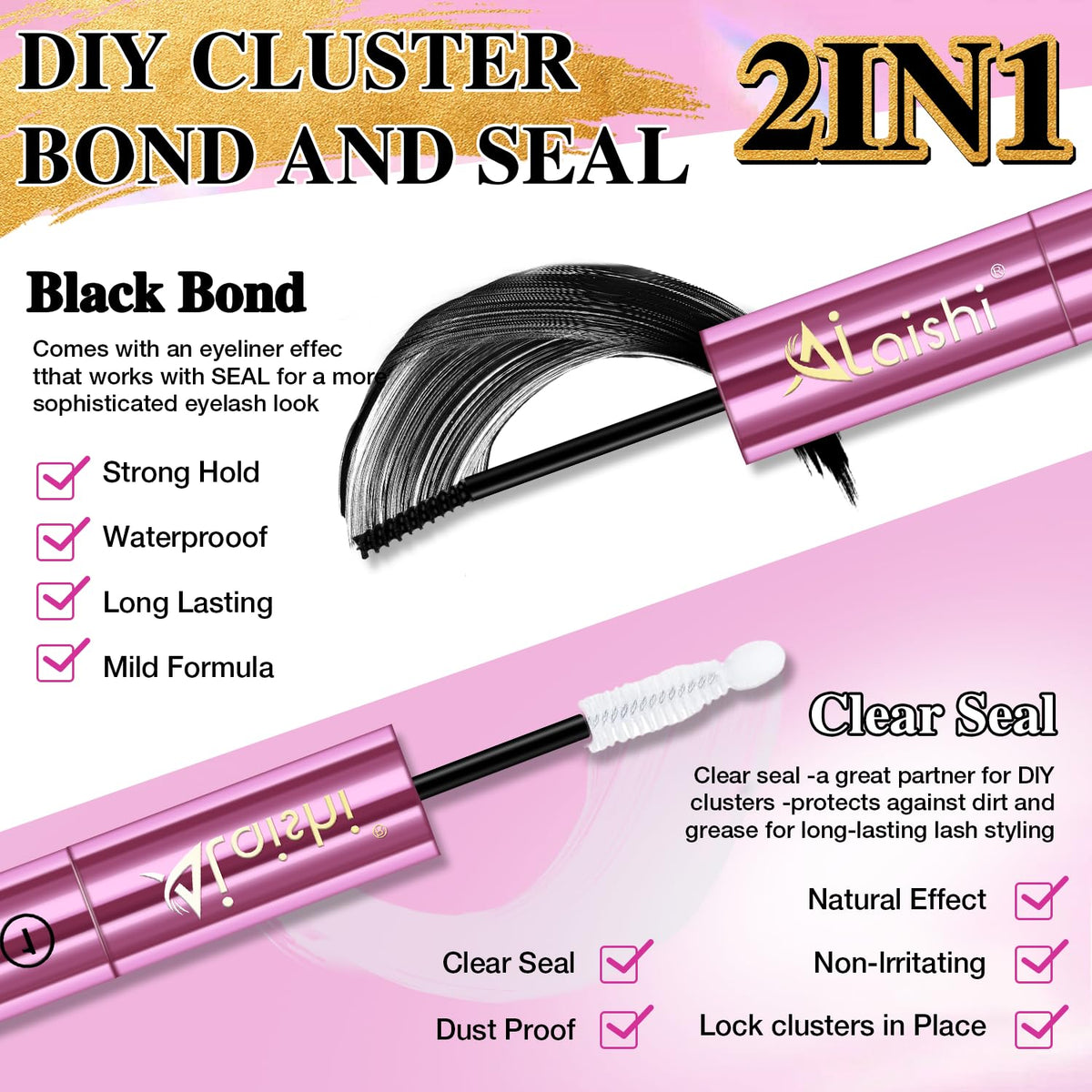 AILAISHI Lash Clusters dual bond-seal formula highlights versatile 2-in-1 application.