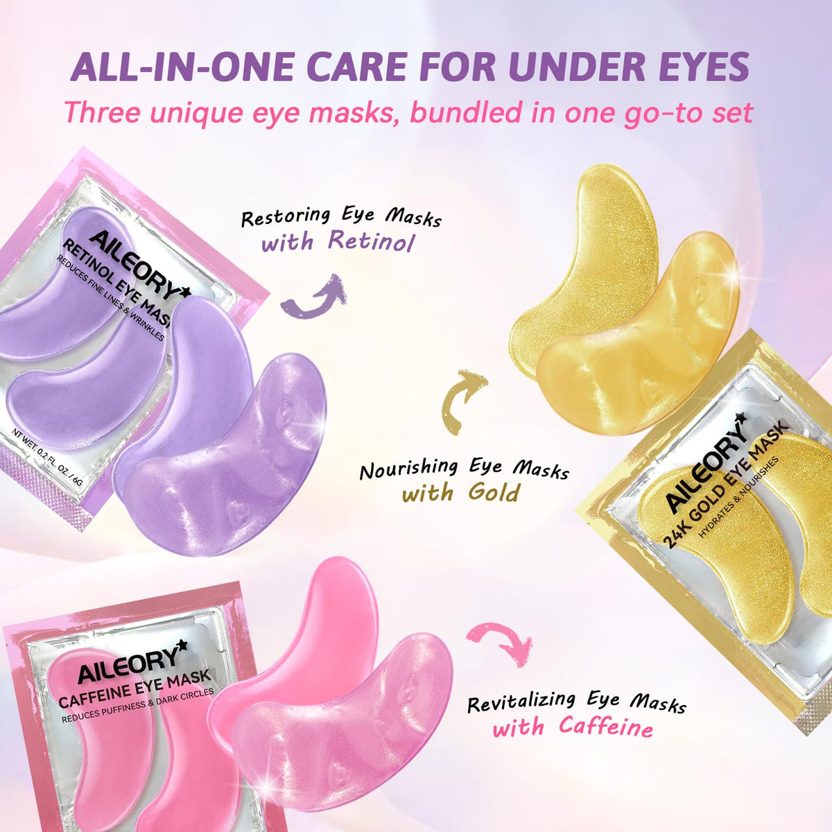 AILEORY 24K gold eye patches brighten the eye area with a radiance boost