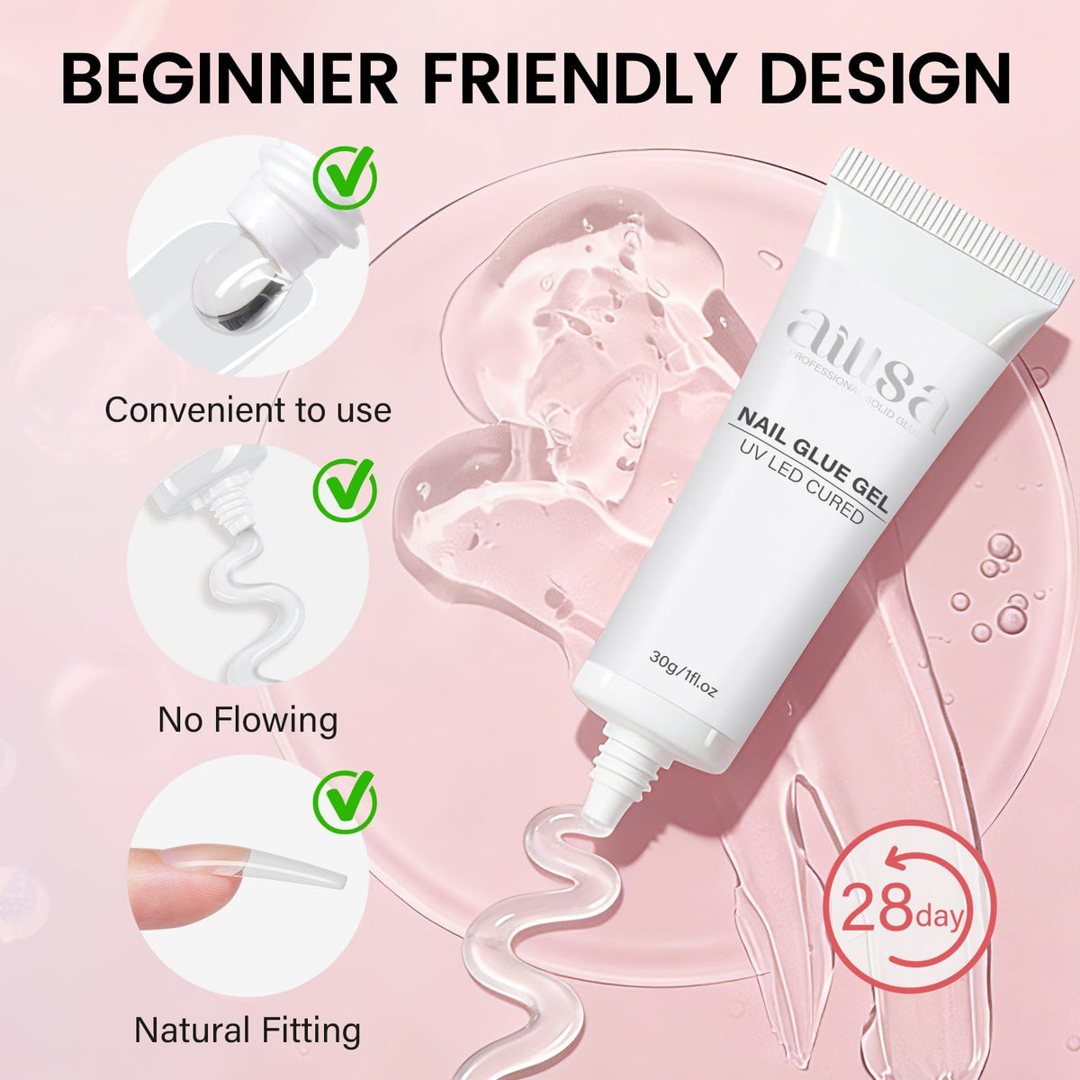 AILLSA glue gel 30g provides durable adhesion and glossy finish for DIY nails.