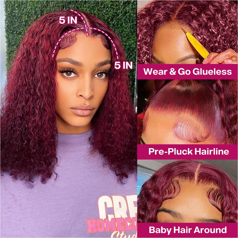 Ailwelia burgundy curly bob wig with glueless cap for easy wear and secure fit