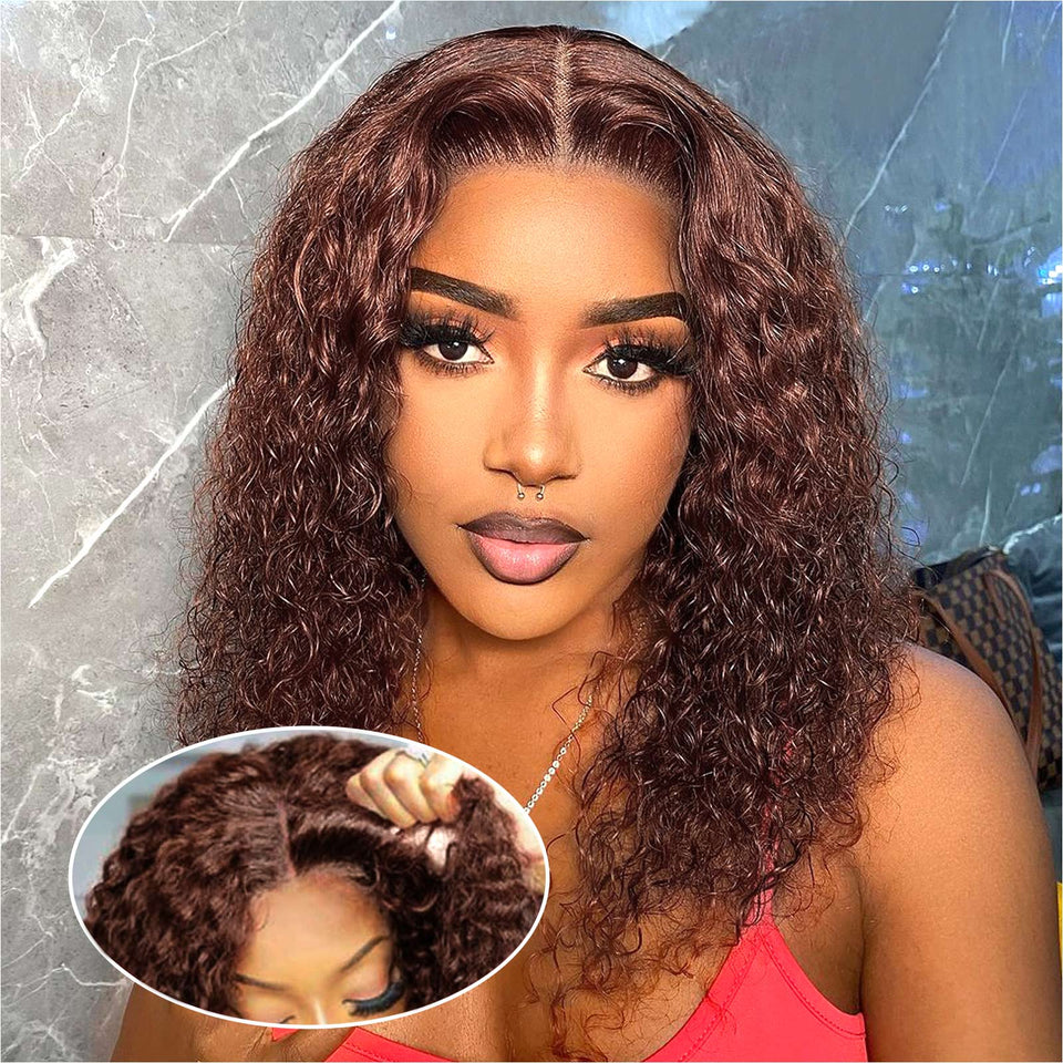 Ailwelia curly bob wig with deep wave and HD lace closure for a seamless natural look.