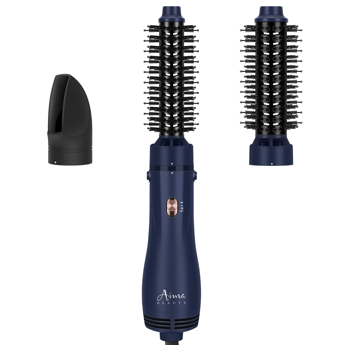 Aima Beauty blow dryer brush with 1.25-inch round brush for volume and soft waves.